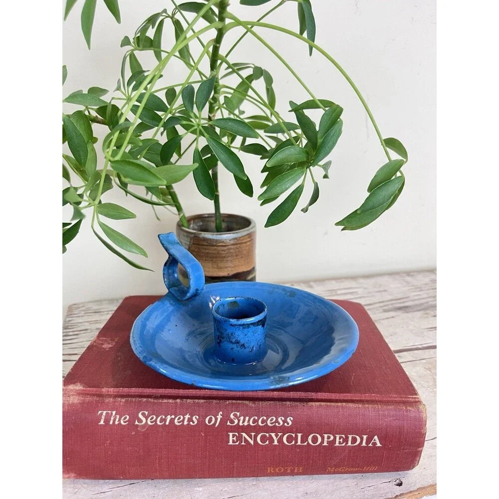 Vintage Enamelware French Farmhouse Candleholder Robin’s Egg Blue + Finger Loop